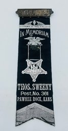 GAR Grand Army Of The Republic Thos. Sweeny Post No. 361 Pawnee Rock Ks. Ribbon Badge