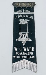 GAR Grand Army Of The Republic W.C. Ward Post No. 375 White Water Ks. Kansas Ribbon Badge
