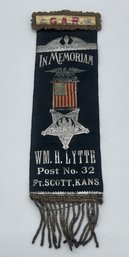 GAR Grand Army Of The Republic WM. H. Lytte Post No. 32 Ft. Scott Ks. Kansas Ribbon Badge