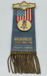 GAR Grand Army Of The Republic Wilderness Post No. 116 Delphos Ks. Kansas Ribbon Badge