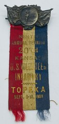 GAR Ninth Annual Reunion Ribbon Badge 20th Kansas U.S. Volunteer Infantry Topeka 1908 Soldier