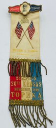 Reception Ribbon Badge William J Klinger Company E 20th Kansas U.S. Volunteer Infantry Topeka 1899 Soldier
