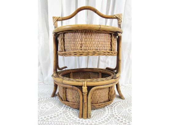 Vintage Rattan & Wicker Footed 2 Tier Carrying Basket W/ Handle FINE Quality
