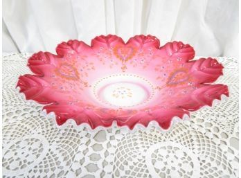 BEAUTIFUL Bohemian Victorian Glass Enameled Bowl Large Fern Leaves Pink To Red