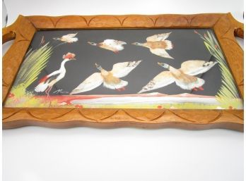 Vintage Mexico Hand Carved Wood Serving Tray W/ Feather Birds & Hand Painted Flowers