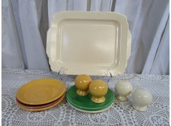 10 Piece Lot Vintage Fiesta Ware Platter Bread Plates Saucers  4 Salt & Pepper Shakers