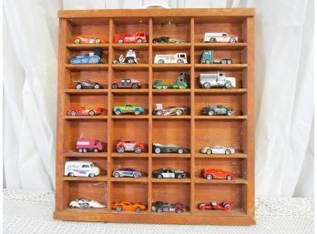 Vintage Lot Of (28) 1970's - 2000's Hot Wheels / Matchbox Toy Cars Wall Art Display Hanging Wood Case #1