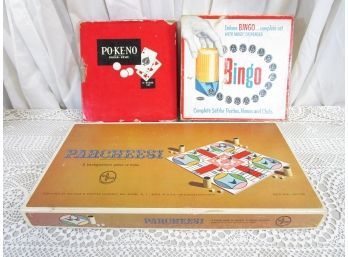 Lot Of 3 Vintage Board Games Parcheesi, Po-Ke-No, Whitman Bingo