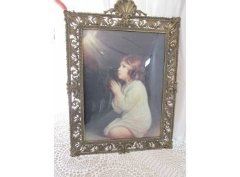 Vintage Italy Brass Filigree Picture Frame Convex Glass Praying Girl