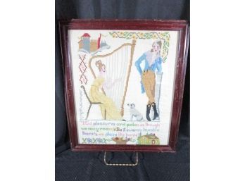 Antique Framed Cross Stitch Sampler On Linen Framed Harp Player Dog & Fancy Suitor