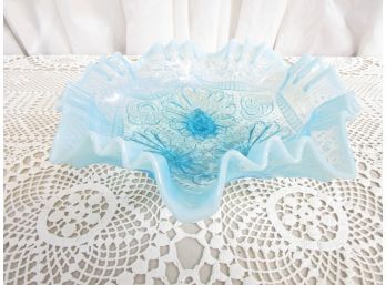 Fenton (?) Stunning Blue Opalescent Ruffled Fancy Footed Bowl