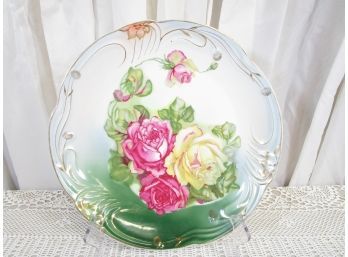 Large Antique Roses Platter Charger With Gold Trim
