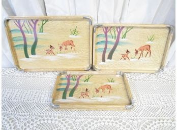 Set 3 Vintage Nesting Wood Serving Trays Hand Painted Bambi Deer