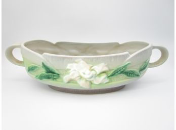 Roseville Art Pottery Gardenia 628-10' Handled Bowl Gray W/ White Flowers
