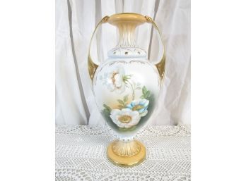 Vintage TALL Gold Trimmed Handled Porcelain Vase White Rose Decal Fancy Italian?