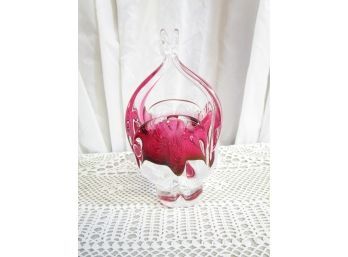 Vintage Hand Blown Art Glass Cranberry & Clear Glass Basket