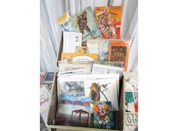 Vintage Suitcase W/ 70 Pieces  /- Old Paper, Photos, Travel Brochures, Booklets, Greeting Cards, Art Prints
