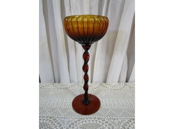 Tall Amber Art Glass Goblet With Twisted Stem