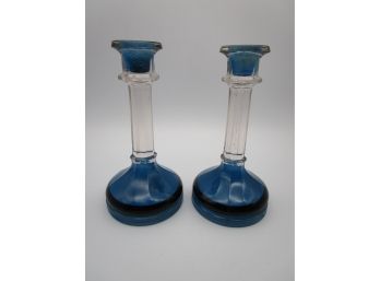 Vintage Art Deco Reverse Painted Glass Blue & Black Pillar Candlesticks Holders