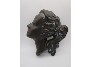 Vintage Ceramic Lady Head Silhouette Wall Plaque ELEGANT Black W/ Red Lipstick & Ponytail
