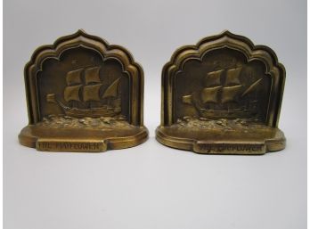 Vintage Brass Metal Bookends Mayflower Ship PM Philadelphia Metal PAIR