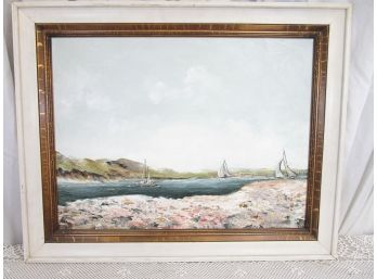 Vintage Oil Painting California Artist Hoy Phillips Seascape Inlet W/ Sailboats