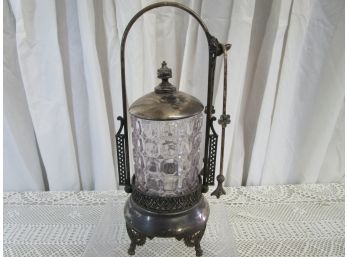 Antique Victorian Glass Pickle Castor Jar Silverplate Holder & Metal Tongs