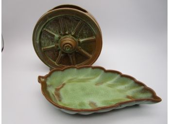 Lot Frankoma Pottery Prairie Green Wagon Wheel Vase & Leaf Bowl