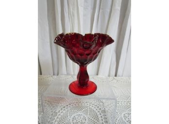 Vintage Fenton Ruffled Flared Ruby Glass Compote Bowl W/ Amberina Rim