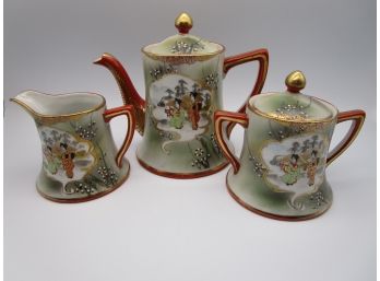 Antique Signed Kutani Porcelain 3pc. Tea Pot Set Geisha Girls Gold Trim Moriage Accents