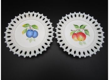 Vintage Hand Painted Milk Glass Fruit Reticulated Pierced Edge Wall Plate Plaque Lot 2