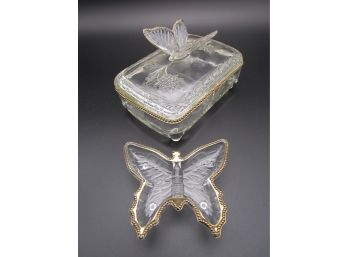 Lot 2 Pc. Vintage Jeannette Glass Butterfly Divided Lidded Dish & Butterfly Dish