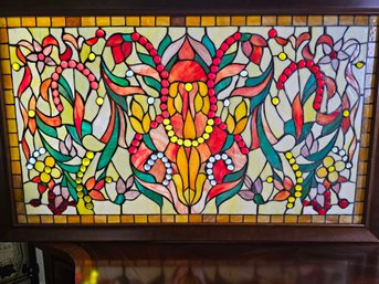 Spectacular And Vibrant Stained Glass Panel Floral And Swag