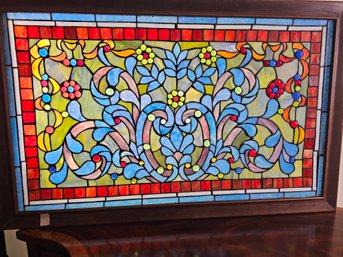 Spectacular Stained Glass Panel Vibrant Blue With Red Border