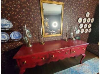 Asian Sideboard, Mirror And Two Pairs Of Heavy Brass Lamps