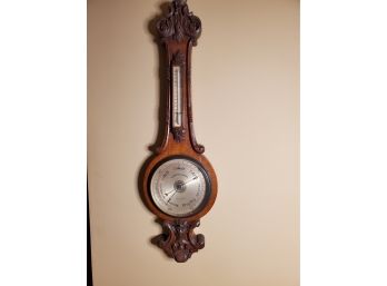 Large Carved Banjo Style Barometer And Thermometer