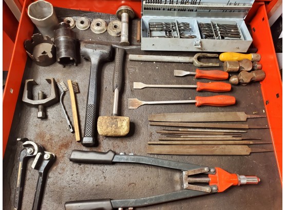 Various Chisels, Files, Pullers, Riveter And Drill Bits