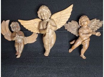Lot Of Three Wooden Carved Cherubs