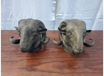 Pair Of Bronze Ram Head Wall Hangings