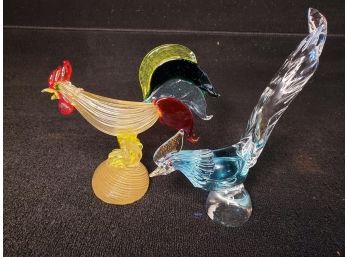 Pair Of Murano Glass Roosters