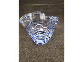 Clear Murano Glass With Blue And White Striped Ruffled Bowl