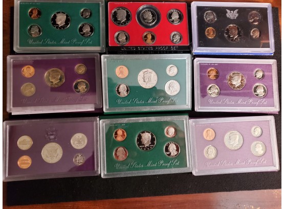 Collection Of US Mint Proof Sets, 1990, 96, 72,98,79,92,94,89, 88 ,90, None Silver