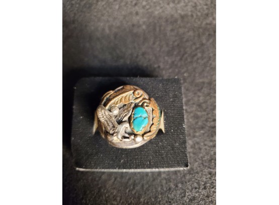 19 Gram, Sterling Silver Ring With Piece Of Turquois, Eagle And Feathers, Not Marked, Bent Lower Portion