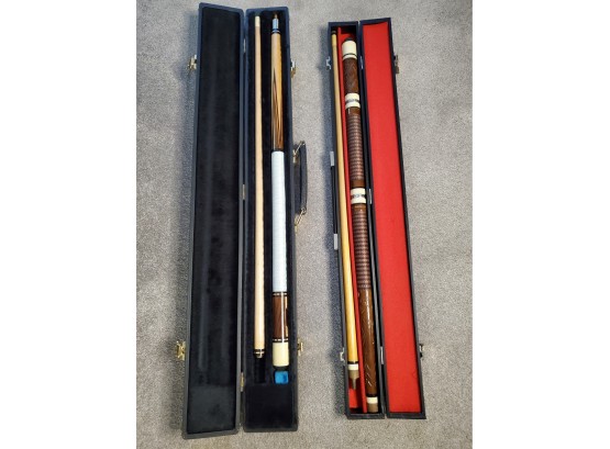 Lot Of Two Pool Cues, Likely Maple, Adjustable Weight, Unknown Makers Both Come With A Hard Case