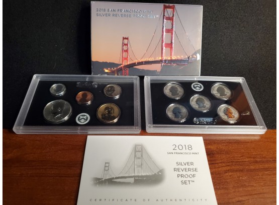 2018 San Francisco Mint Silver Reverse Proof Set With Cert. Of Auth.