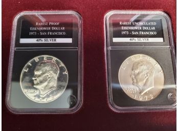 The Rarest Eisenhower Silver Dollars In Wood Box, 40 Silver, Both Coins Are 1973