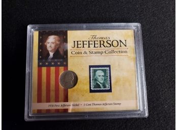 Thomas Jefferson 1938 First Nickle Along With One Thomas Jefferson Stamp, Sealed Case