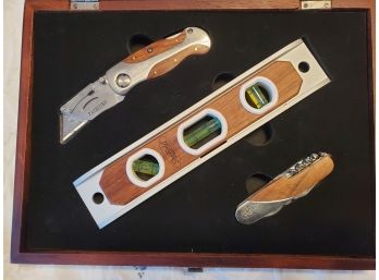 Sheffield Steel Collector Pocket Knife, Razor, And Level, In Wood Case