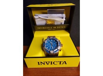 Invicta Model #29033 Original Box, Blue Dial, Gold Toned Band, Working Condition