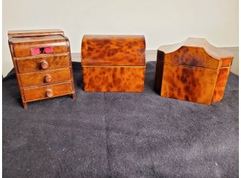 Set Of 3 Boxes One Being An Older Minature Chest Of Drawers, Two Others Attractive But Modern Pieces